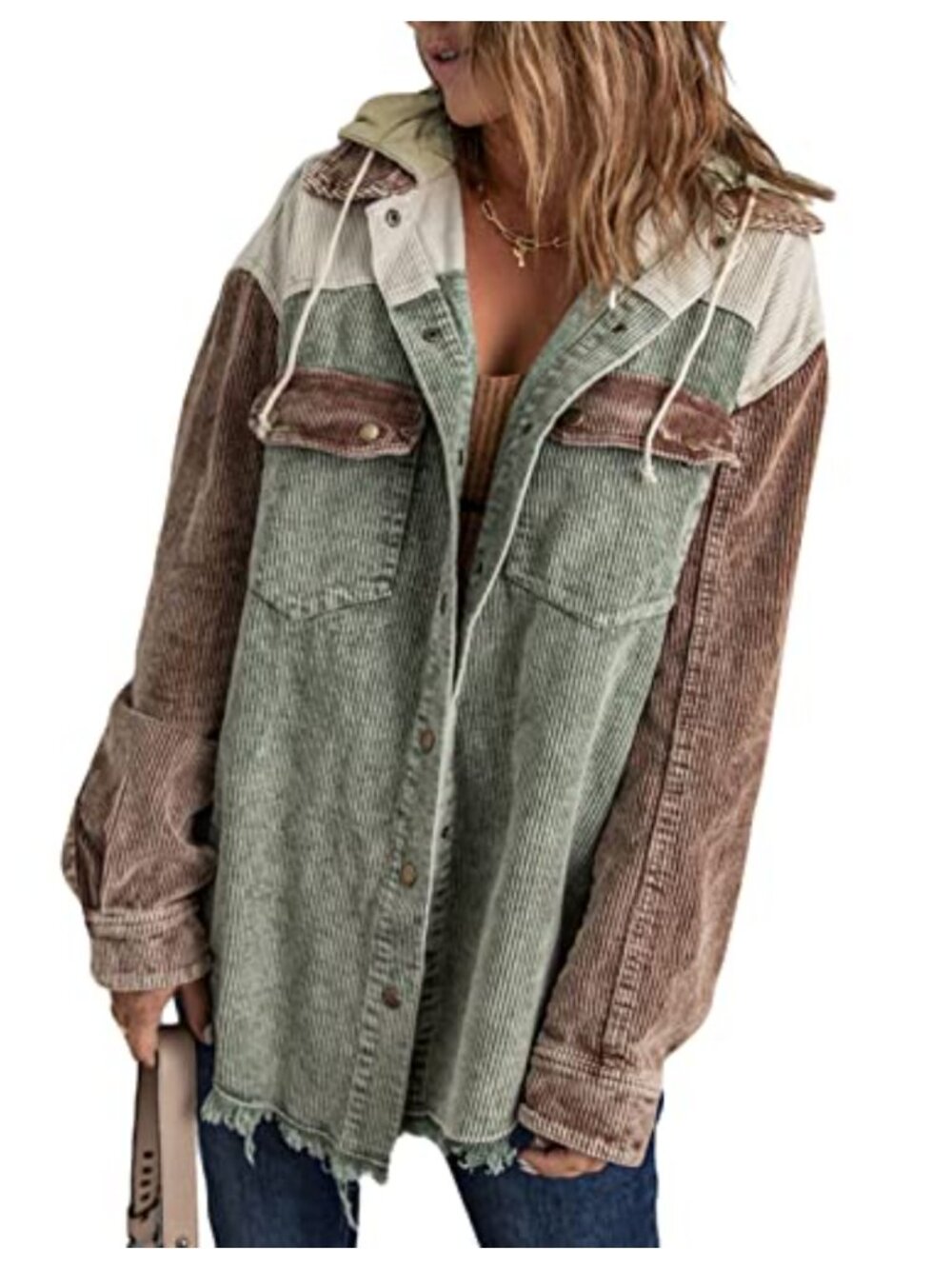 Corduroy Shacket Jacket Long Sleeve Button Down Hooded Coat with Pockets